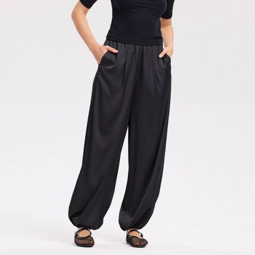 a new day Black Wide Leg Satin Jogger Pants